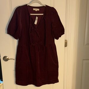 NWT Corduroy Bow Mini Pocket Deep Red Tie-Front Dress - LOFT